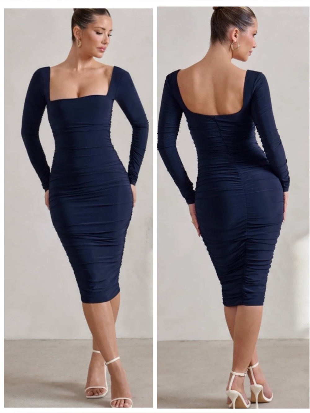 Club London Ruched Bodycon Midi Dress in Navy Blue